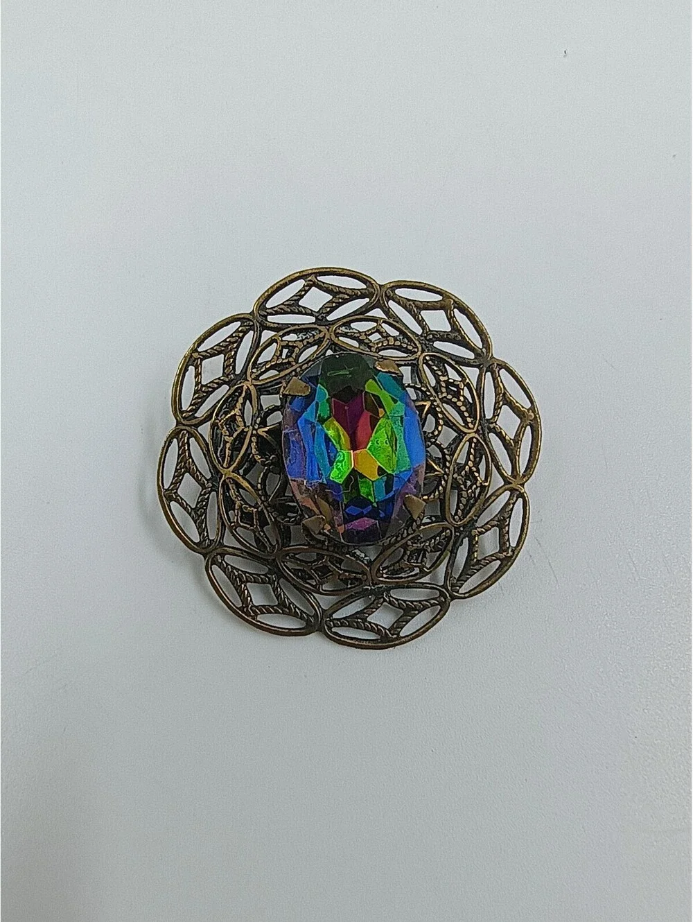 Vintage Brass Filigree Brooch with Multicolor Faceted Glass Stone